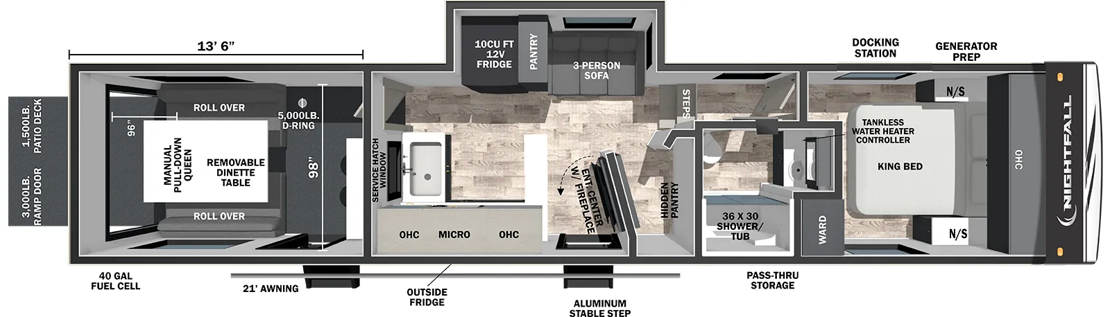 The Nightfall 350N floorplan is a toy hauler that has two entries and two slide outs. Exterior features include: fiberglass exterior and 21' awning. 